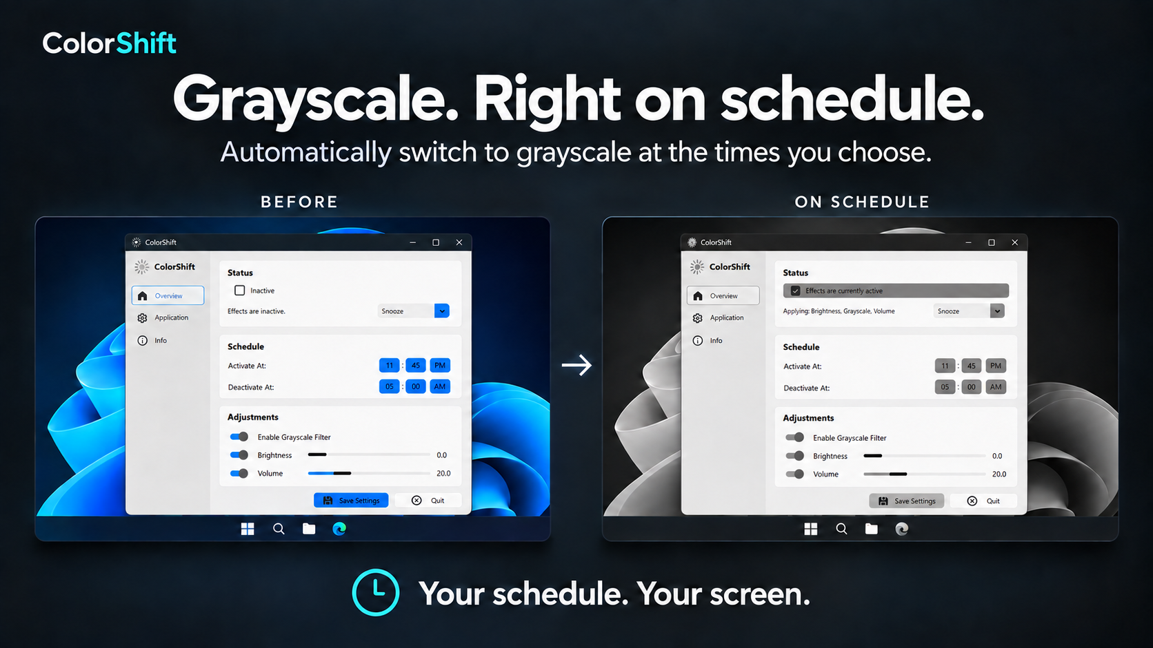 ColorShift automatically switching a Windows screen from color to grayscale on schedule